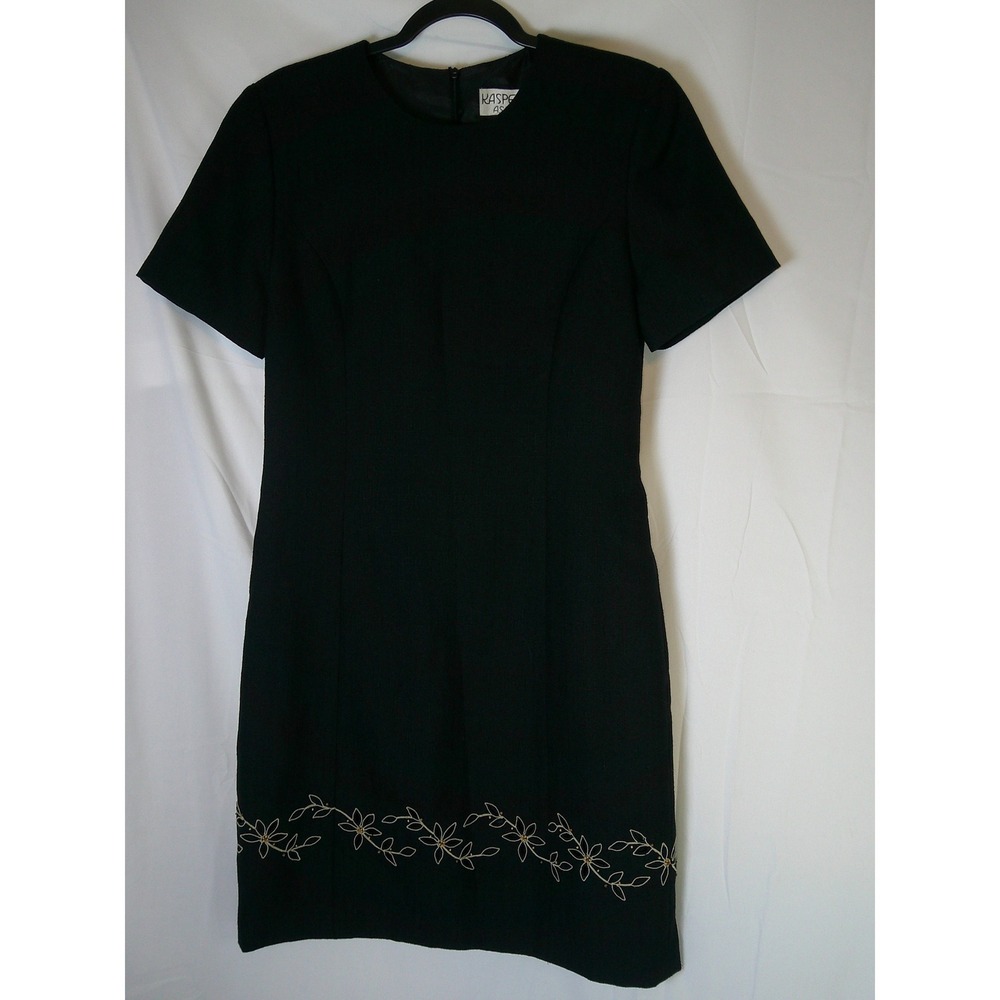 Kasper ASL Black Sheath Dress Short Sleeve Floral Embroidered‎ Hem Size 10